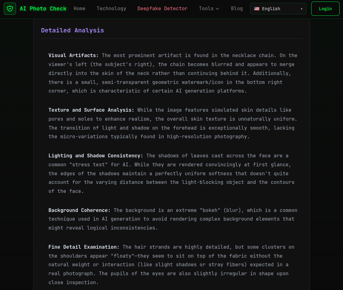 AI Image Detector V2 detailed analysis showing visual artifacts, texture analysis, lighting consistency, and background coherence examination